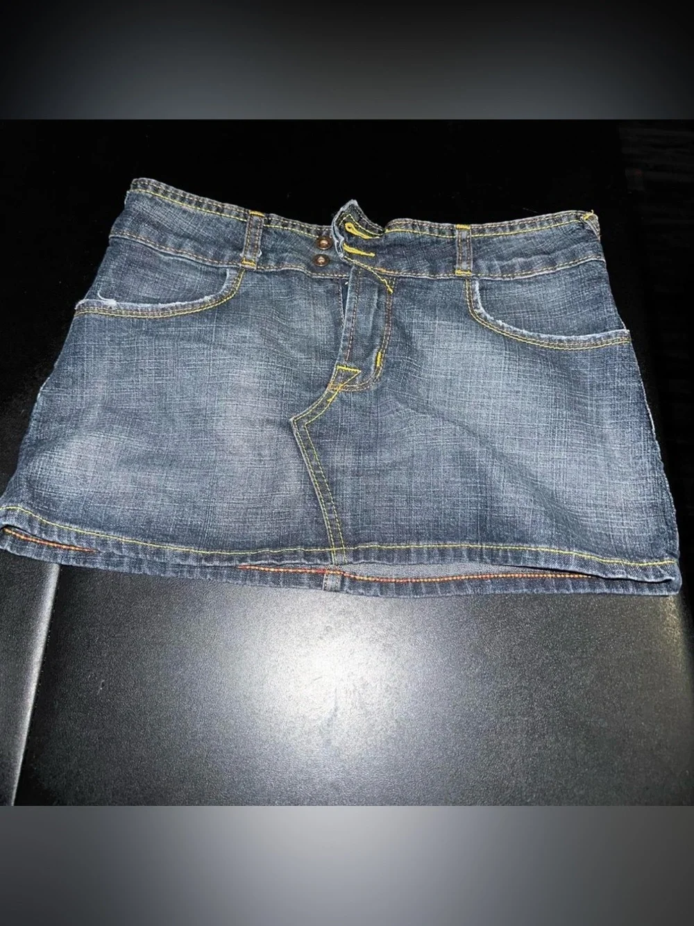 Vintage Von Dutch Dark Blue Denim Mini Skirt with Contrast Stitching